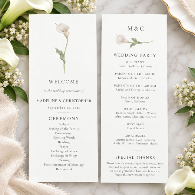 Programme de mariage botanique au lys calla modern (Créateur téléchargé)