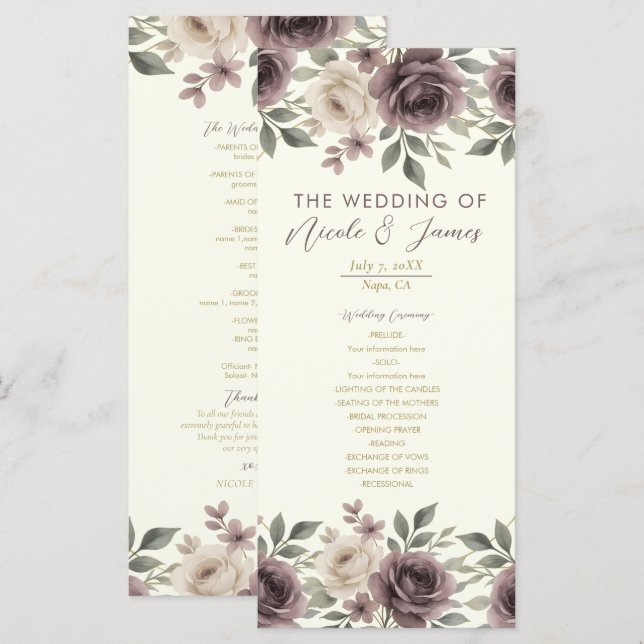 Programme de mariage botanique Dusty Mauve Ivory B (Devant / Derrière)