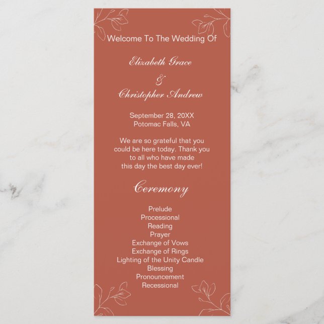 Programme de mariage botanique floral blanc terrac (Devant)