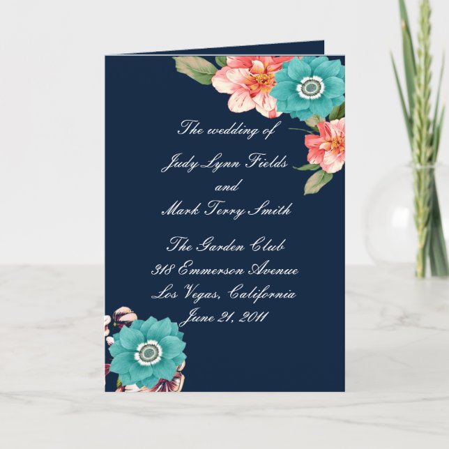 Programme De Mariage Botanique Floral Bleu Et Rose (Devant)