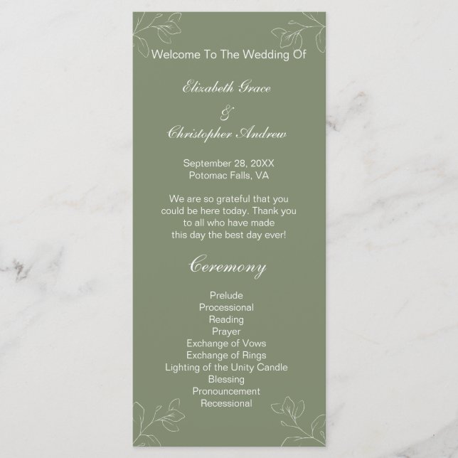 Programme de mariage botanique floral vert sauge b (Devant)