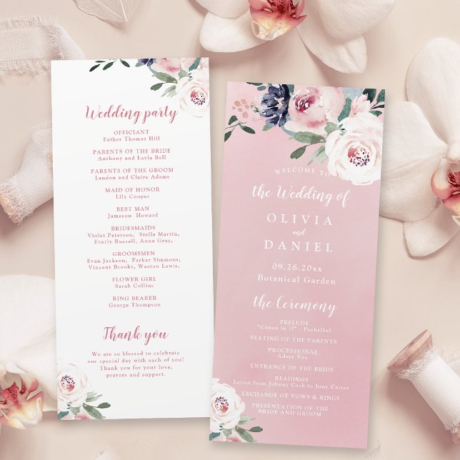 Programme de mariage botanique rose floral en fleu (Blooming botanical pink floral wedding program)