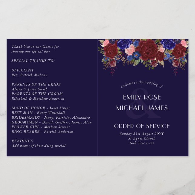 Programme de mariage budgétaire Fleurs Roses Bleue (Devant)