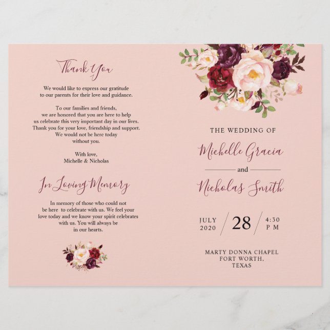 Programme de mariage Burgundy Blush Aquarelle Flor (Devant)
