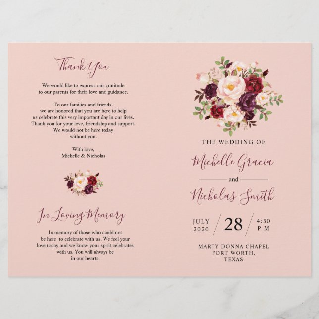 Programme de mariage Burgundy Blush Aquarelle Flor (Devant)