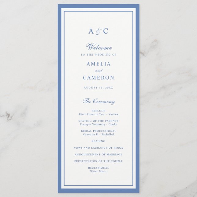 Programme de mariage cadre bleu poussiéreux élégan (Devant)