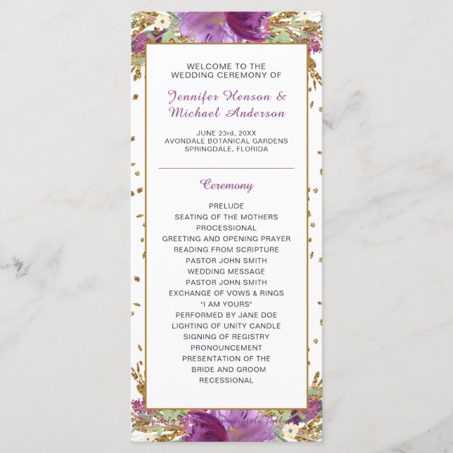 Programme de mariage cadre paillettes or améthyste (Devant)