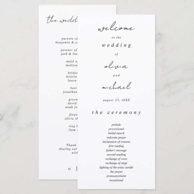 Programme de mariage calligraphié minimaliste (Devant / Derrière)