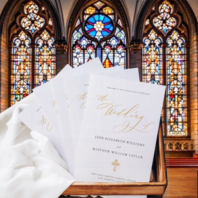 Programme de mariage catholique avec messe complèt (Simple Catholic wedding program for full mass with  elegant gold, calligraphy script and cross)