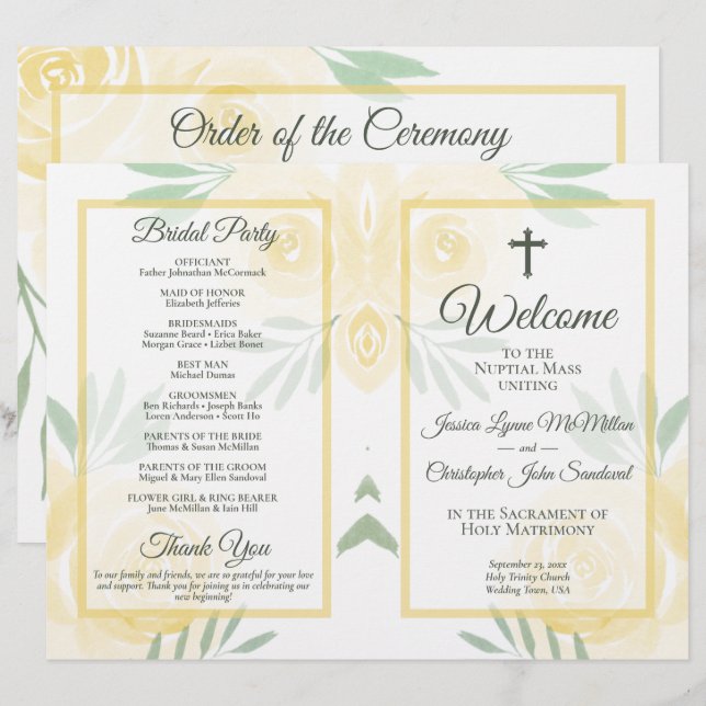 Programme de mariage catholique DIY Roses jaunes p (Devant / Derrière)