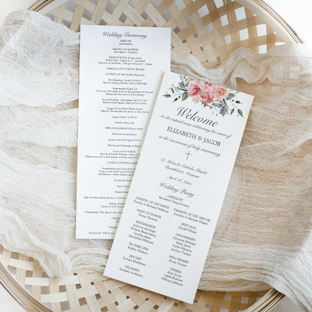 Programme de mariage catholique élisabéthain avec  (ELizabeth, classic, elegant Catholic wedding program with full mass with pink watercolor flowers)