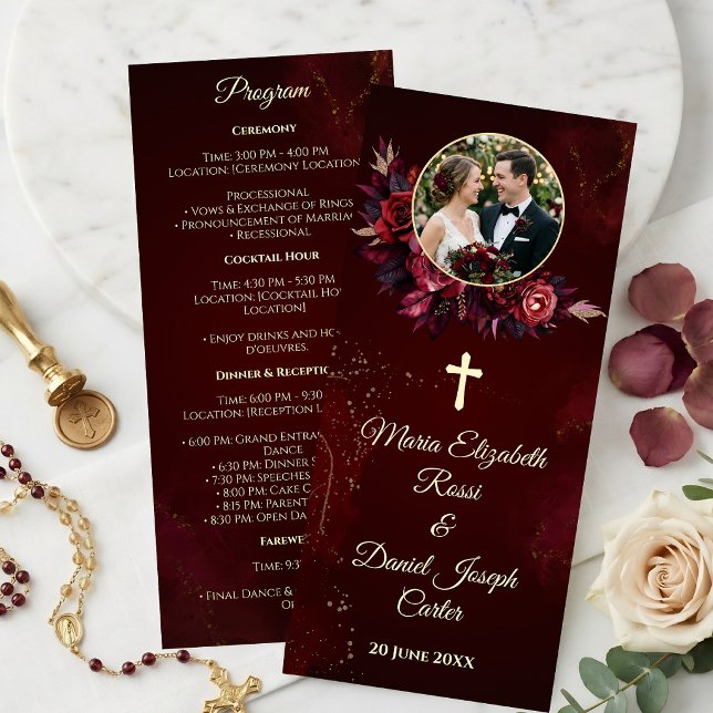 Programme de mariage catholique floral bordeaux (Burgundy Floral Catholic Wedding Program)