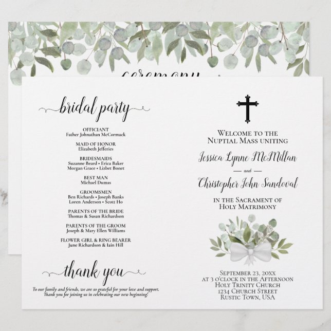 Programme de mariage catholique pliable DIY Eucaly (Devant / Derrière)