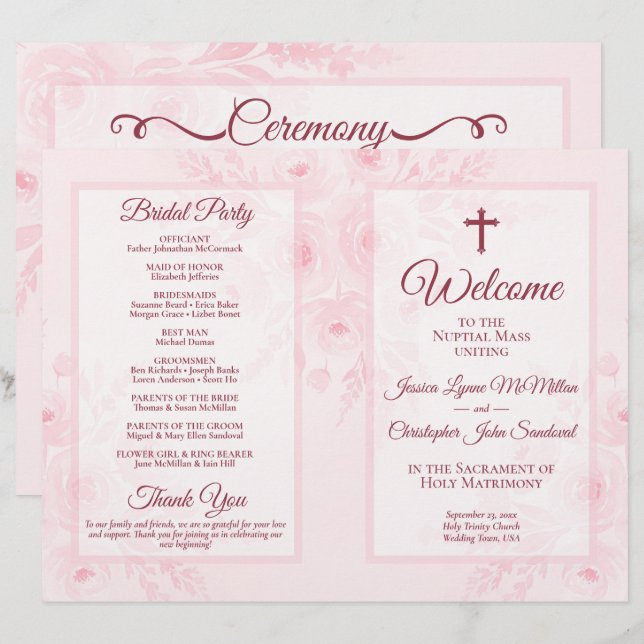 Programme de mariage catholique pliable DIY floral (Devant / Derrière)