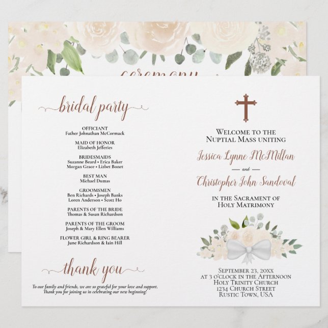 Programme de mariage catholique pliable DIY Roses  (Devant / Derrière)