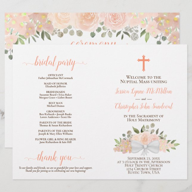 Programme de mariage catholique pliable DIY Roses  (Devant / Derrière)