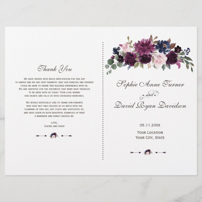 Programme de mariage Charm Lavande Navy Floral Blo (Devant)