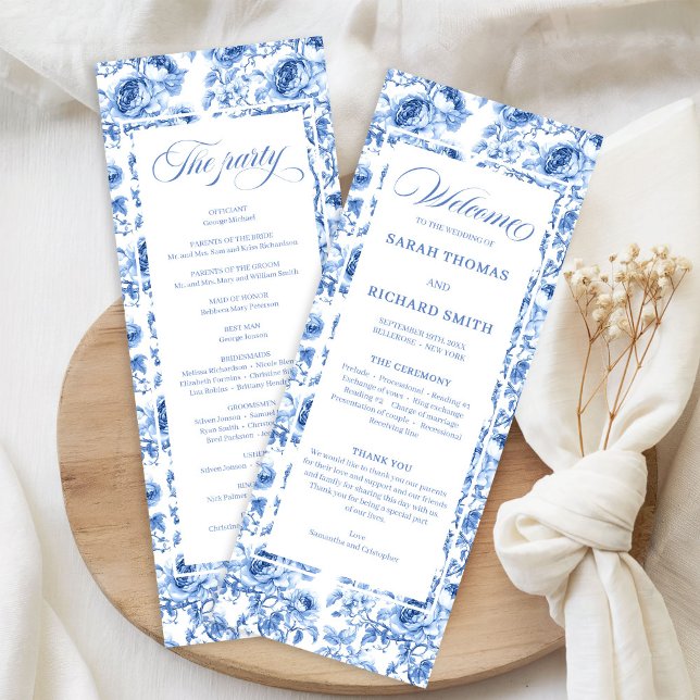 Programme de mariage chic bleu marine floral Toile (Chic Navy Blue Floral Toile Wedding Program)
