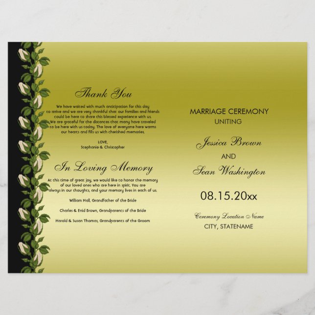 Programme de mariage chic floral romantique or et  (Devant)