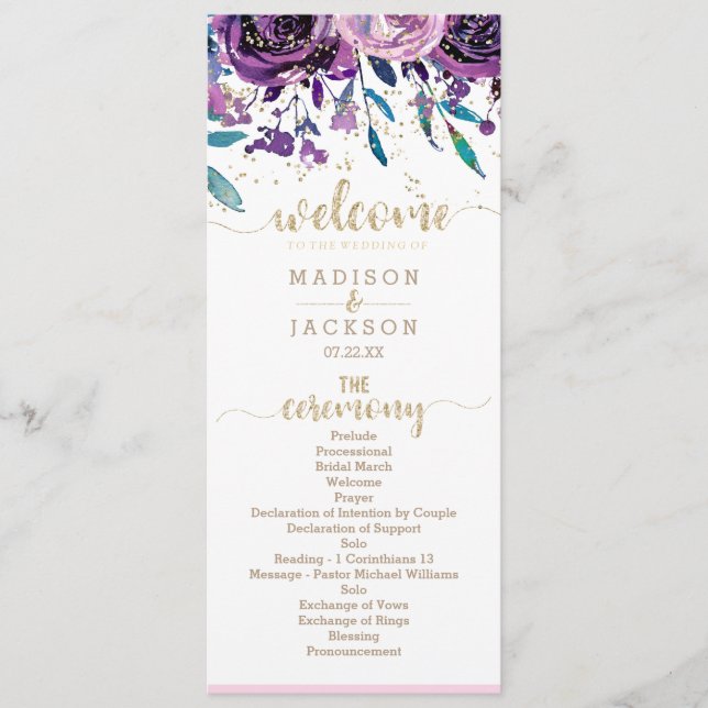 Programme de mariage chic floral violet champagne  (Devant)