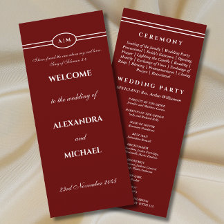 Programme de mariage chrétien bordeaux monogramme
