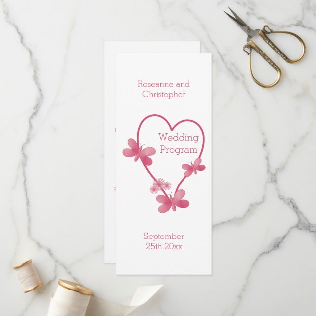 Programme De Mariage Coeur Rose Et Papillons (Devant/Arrière en situation)