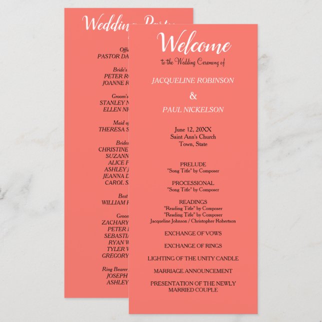 Programme de mariage corail (Devant / Derrière)