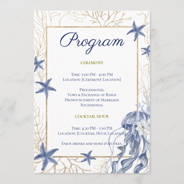 Programme de mariage côtier bleu et or (Devant)
