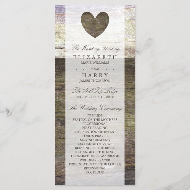 Programme de mariage Country Wood Heart (Devant)