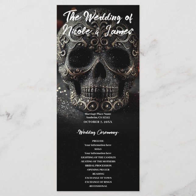 Programme de mariage crâne paillettes noir glamour (Devant)