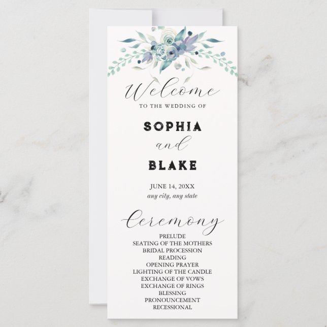 Programme de mariage crème floral bleu et vert élé (Devant)