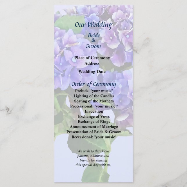 Programme de mariage Dainty Blue Hydrangea (Devant)