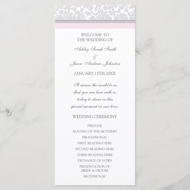 Programme de Mariage damassé gris rose (Devant)