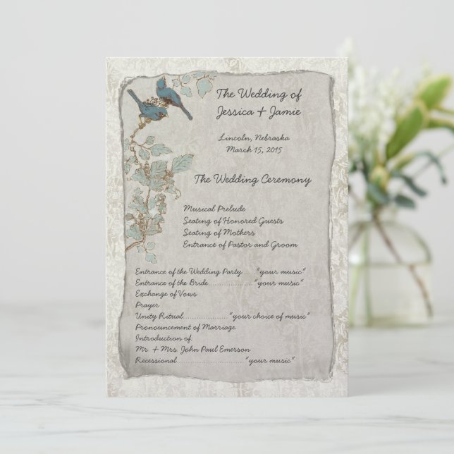 Programme de mariage damassé oiseaux sarcelle vint (Debout devant)