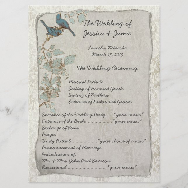 Programme de Mariage damassé pour les oiseaux Turq (Devant)