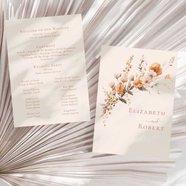 Programme de mariage d'automne aux fleurs sauvages (Boho Terracotta Wildflowers Fall Wedding Program (front and back) on a sunny neutral dry palm leaf)