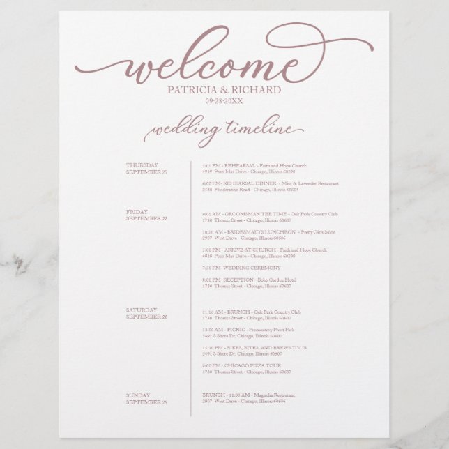 Programme de mariage de 4 jours Chic Rose Gold Scr (Devant)