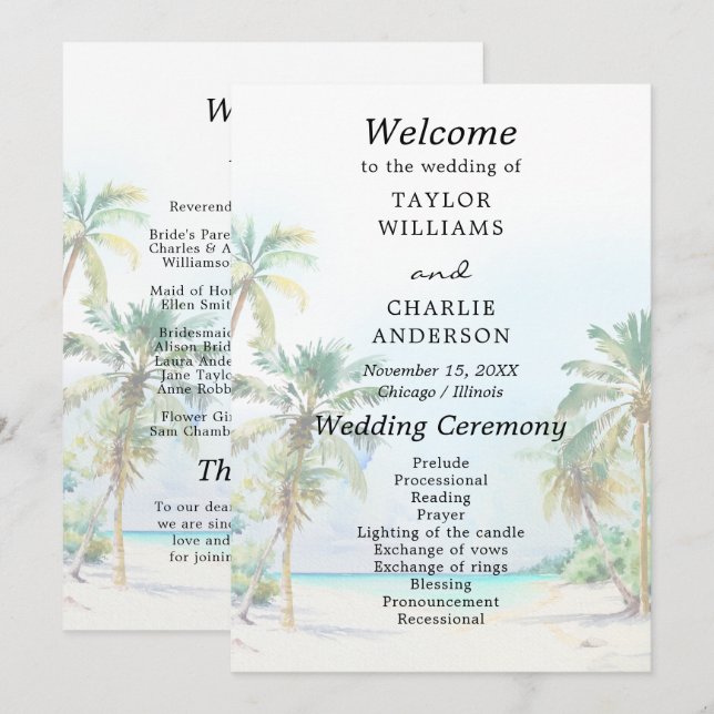 Programme de mariage de destination de plage tropi (Devant / Derrière)
