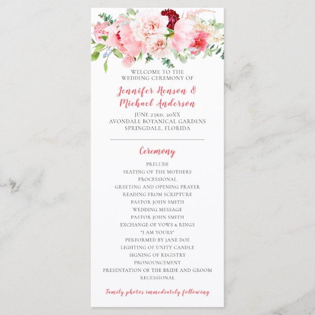 Programme de mariage de jardin de fleurs aquarelle (Devant)