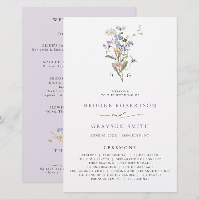 Programme de mariage de jardin de prairie de fleur (Devant / Derrière)