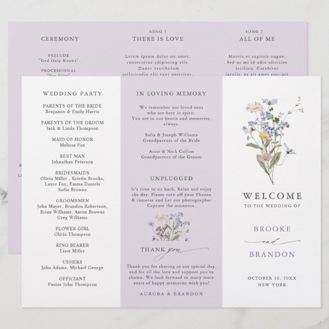 Programme de mariage de jardin de prairie de fleur (Devant / Derrière)