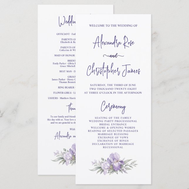 Programme de mariage de jardin d'iris aquarelle ro (Devant / Derrière)