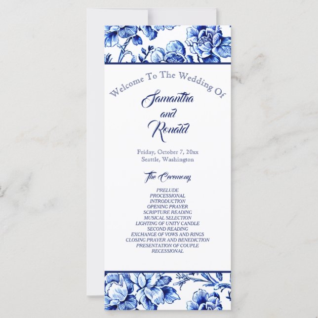 Programme de mariage de la toile florale bleue et  (Devant)