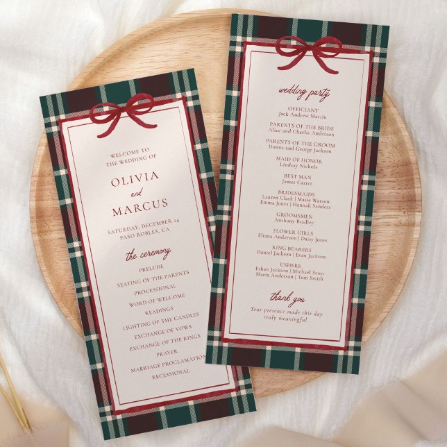 Programme de mariage de Noël à carreaux | Tartan d (Burgundy green plaid Christmas wedding program with red bow—ceremony and wedding party layout)