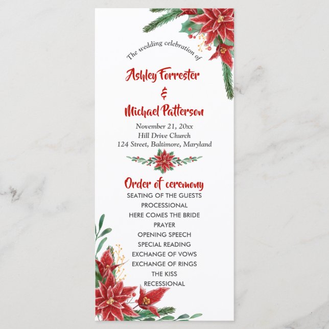 Programme de mariage de Noël au poinsettia rouge (Devant)