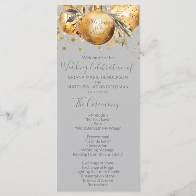 Programme de mariage de Noël gris or (Devant)