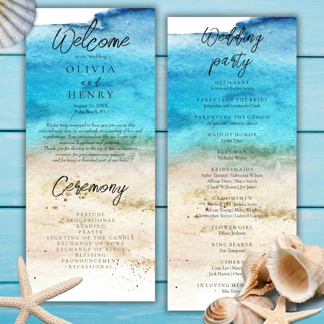 Programme de mariage de plage à l'aquarelle bleue  (Créateur téléchargé)