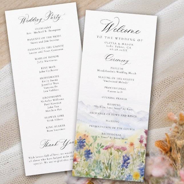 Programme de mariage de prairie de fleurs sauvages (mountains wedding program wildflowers meadow floral watercolor modern elegant rustic romantic)