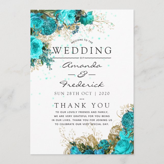 Programme de mariage démodé turquoise et or shabby (Devant)