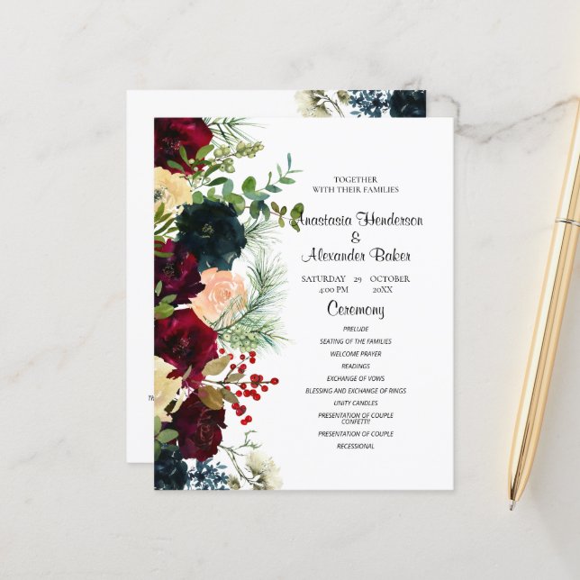 Programme De Mariage Des Fleurs Élégantes Et Budgé (Devant/Arrière en situation)